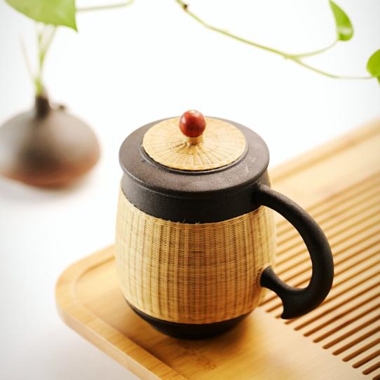 瓷胎竹编全手工陶茶杯带盖内胆过滤茶杯
