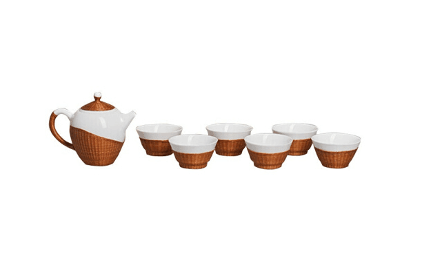 瓷胎竹编竹丝扣瓷茶具套装，家用办公茶壶茶杯泡茶器
